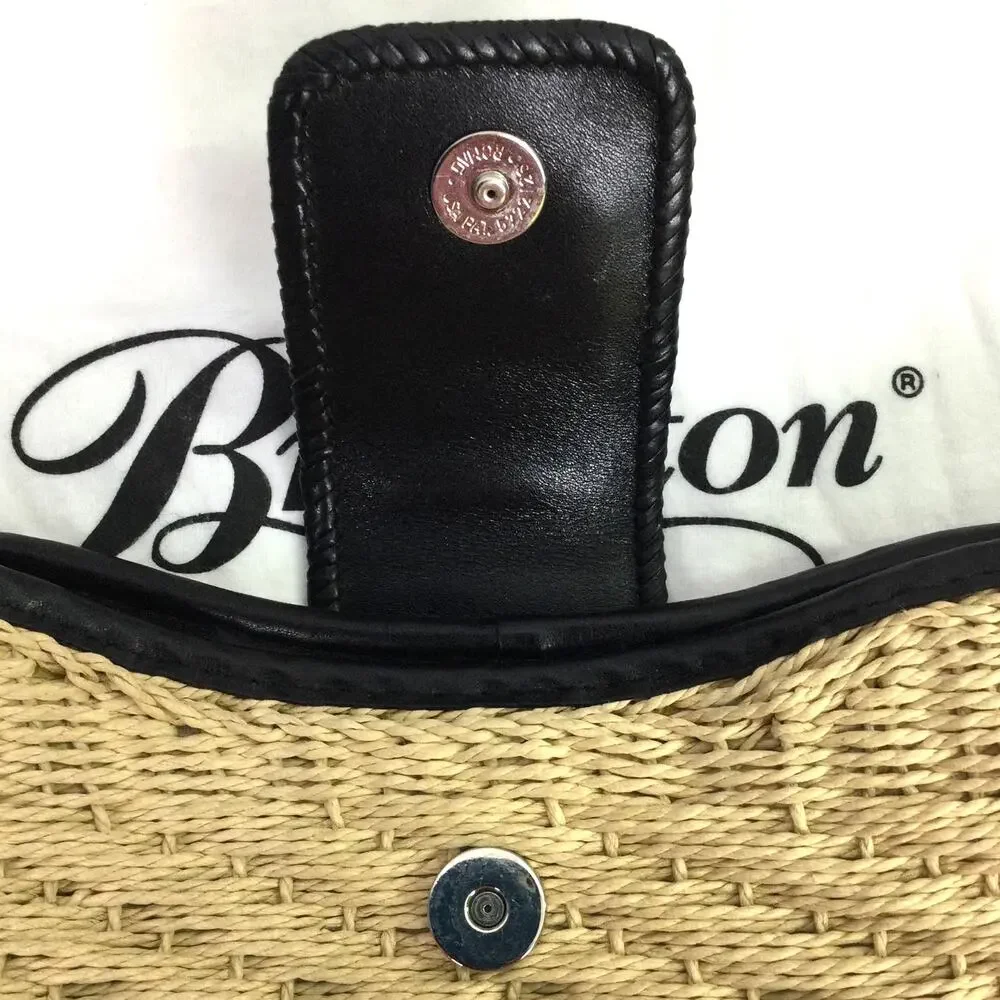 Brighton Cottagecore Cream Woven Straw Black Leather Braided Handle Baguette